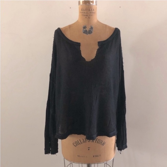 Free People] Black Waffle Thermal  flared sleeve Oversized T-shirt Top - Picture 5 of 13